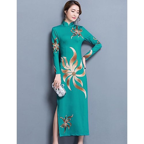 Women migrant cotton sheath dress printed round neck