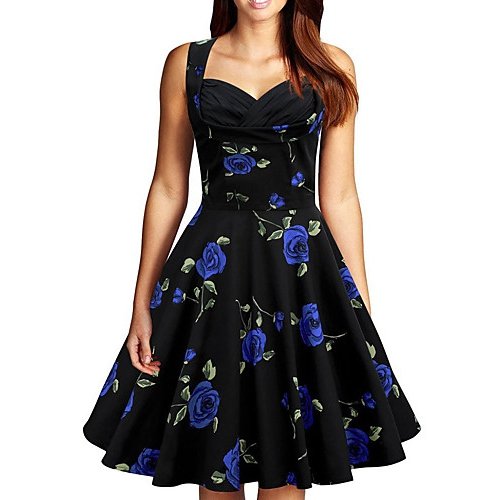 Women Plus Size A-line dress retro, rose flower print