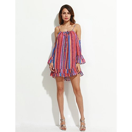 Female holiday, Lodgepole Pine, chiffon dress, striped ruffles, strapless small print