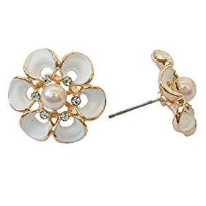Stainless steel-plated stereo rose flower white enamel white crystal earrings