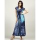 Women beach silk swing dress, blue leopard, flowers, ruching, print deep V