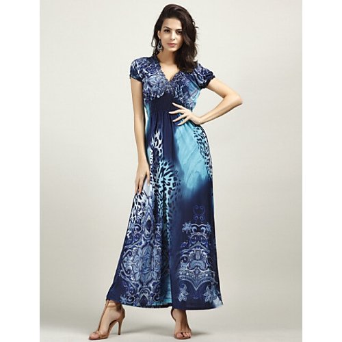 Women beach silk swing dress, blue leopard, flowers, ruching, print deep V