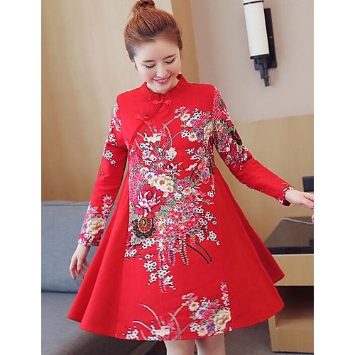 Women go out cotton tight dress, red floral print collar
